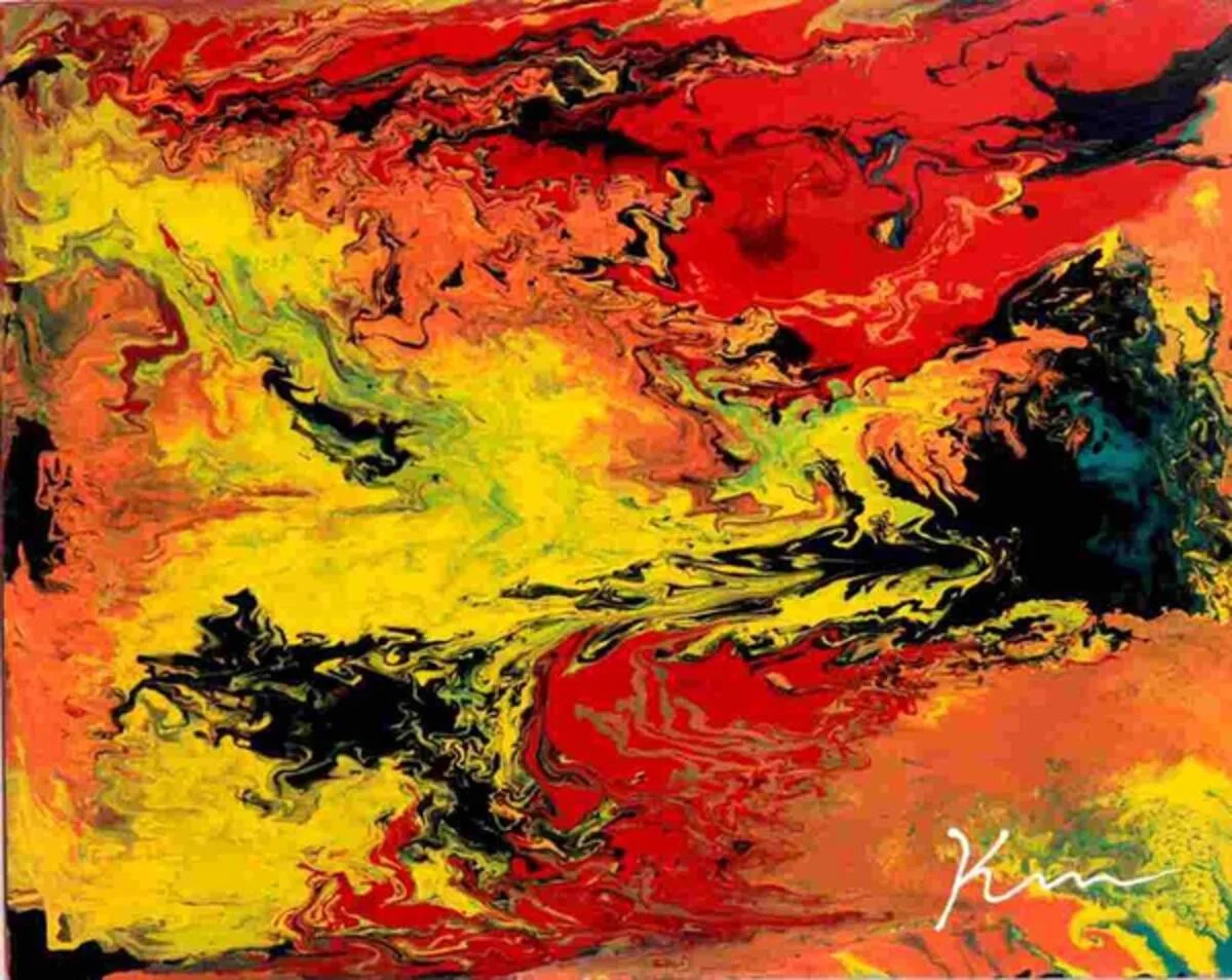 Detail of Anadi, a painting of red, orange and yellow currents